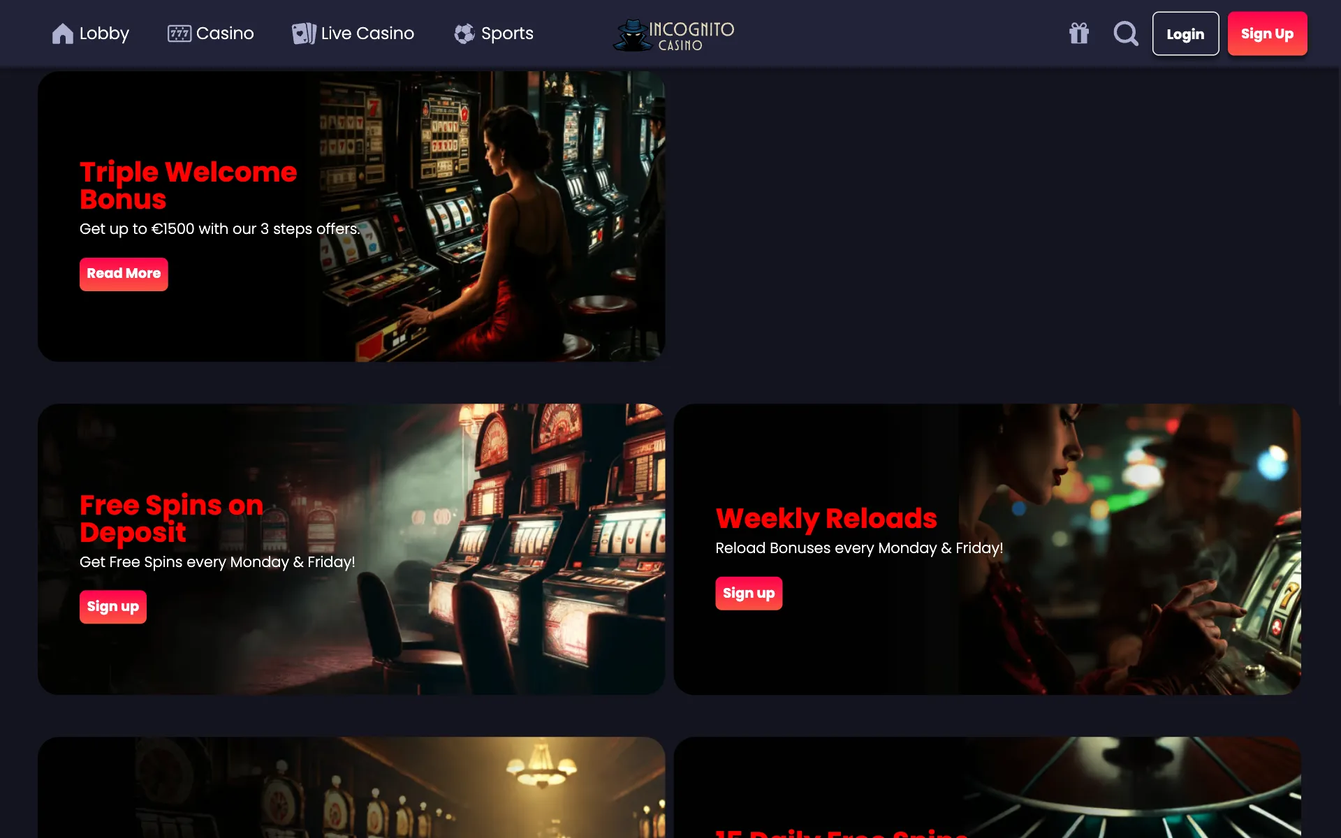 Incognito Casino promotions page with the triple welcome package, deposit free spins and weekly reloads