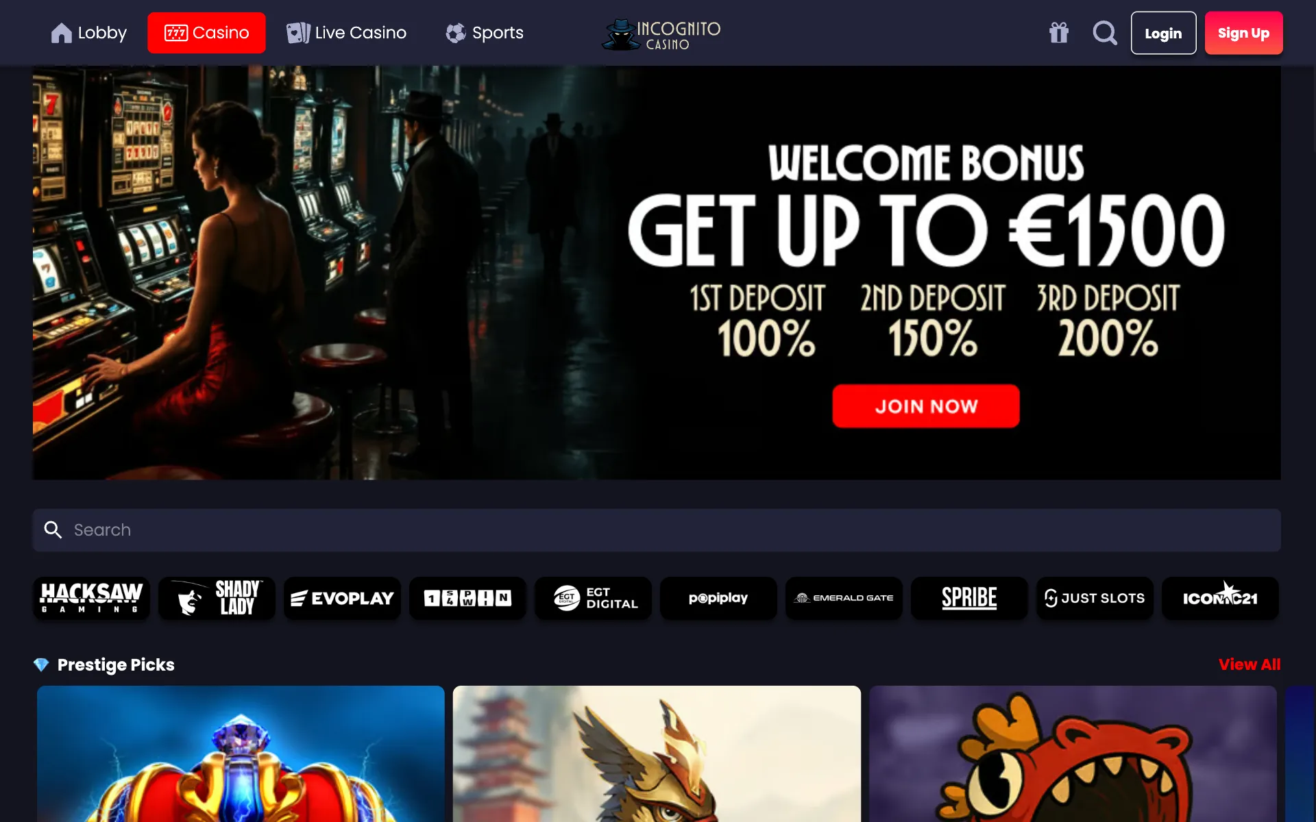 Incognito Casino lobby with the studio strip and the Prestige Picks row of slots