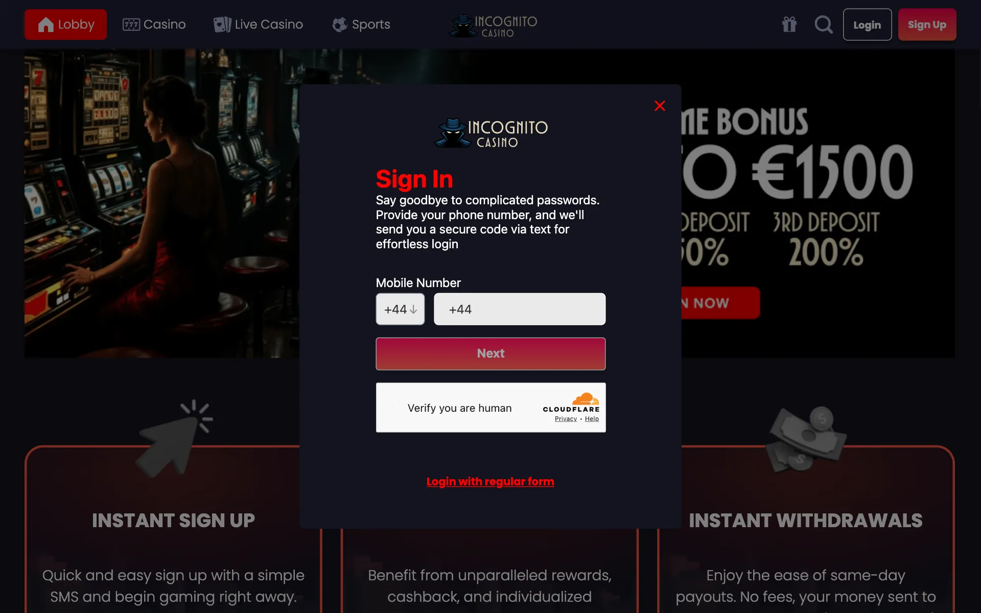 Incognito Casino sign-in window